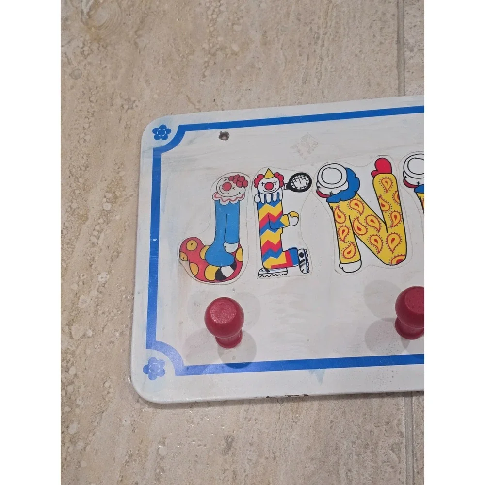 Vintage JENNIFER 1960's Children's Coat Rack 4 Peg Bellei Clowns Stickers